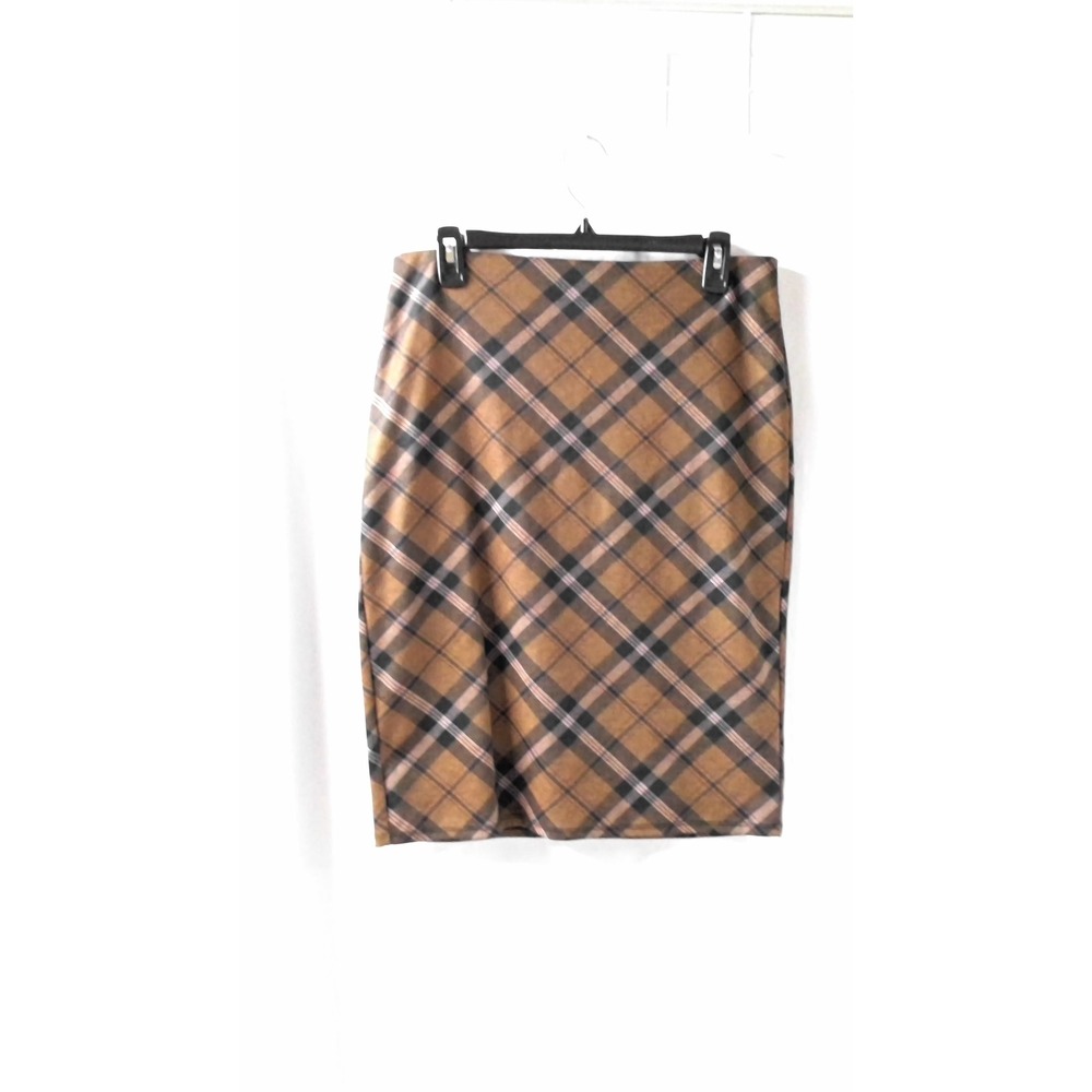 Carole Wren Women's Medium Brown/Blue Plaid Straight Skirt‎